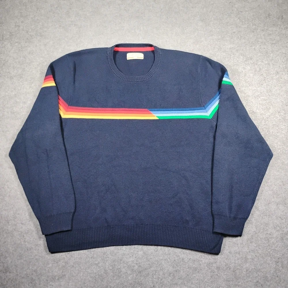 Marine Layer Lost & Found Rainbow Stripe Navy Blue Sweater Mens XL 14773 Holiday